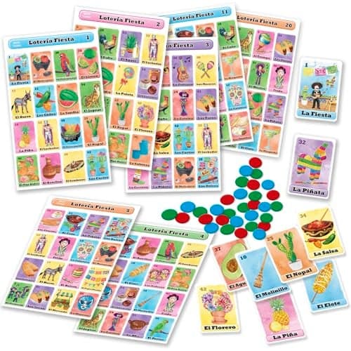 Loteria Fiesta Deluxe Game Set in Spanish for Up to 20 Players 20 Boards Full Deck of Cards and with Chips