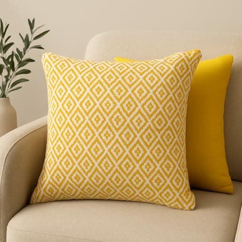 The Furnishers 16x16 Inch Reversible Pack of 2 Yellow Cotton Argyle Woven Throw Pillow Covers for Couch Sofa Bed Home Decoration Restaurant | Size 40 x 40 cm
