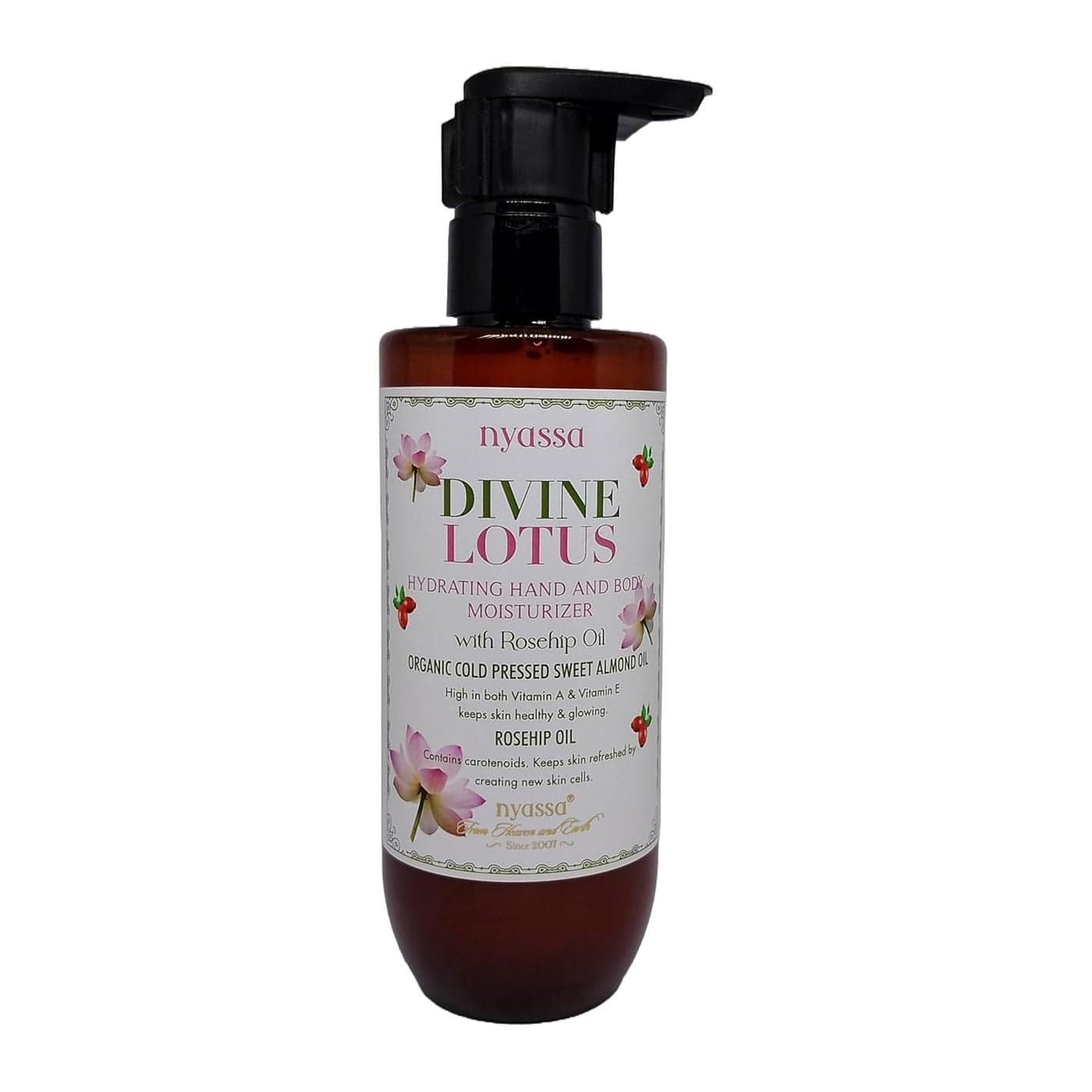 Nyassa Divine Lotus Hydrating Hand and Body Moisturizer with Rosehip Oil Organic Sweet Almond Oil For skin healthy glowing No Parabens Sulphates Vegetarian Cruelty free 200ml