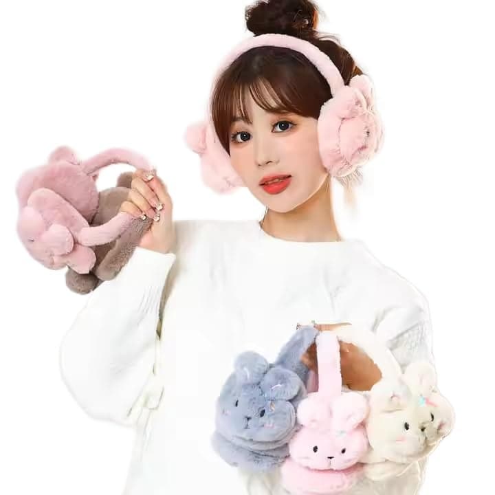THE DDS STORE Rabbit Face 1 Cute Fluffy Ear Muff for Women Plush Earmuffs Kids Winter Earmuffs Girls Boys Cold Weather Ear Warmer (Grey)