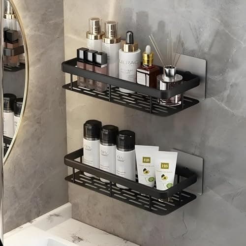 THE SR BRAND Self-Adhesive Multipurpose Wall Mounted Bathroom Shelves|Space-Saving Storage Organizer Racks for Bathroom and Kitchen Accessories|Stylish Wall Stand for Home,Office Use (Black-Pack of 1)