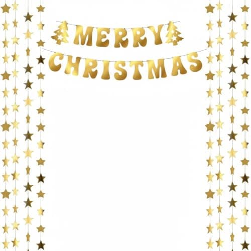 GRAND SHOP Merry Christmas Banner with Golden Star Frill Set of 9 Pcs | Paper Hanging Decoration for Xmas Party | Festive Garland for Home Office Shop Wall Ceiling Door Holiday Decoration Items