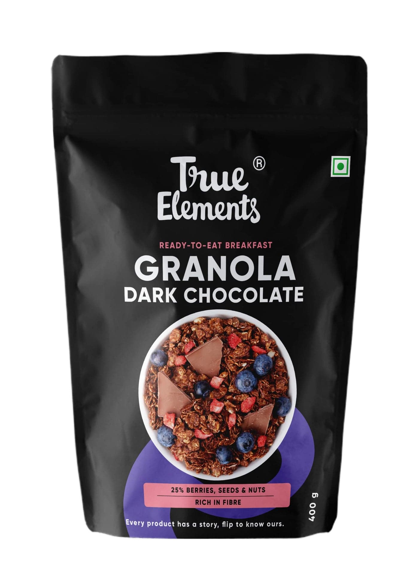 True Elements Granola Dark Chocolate 400g - Baked Granola | Almonds, Berries & Dark Chocolate | Granola for Breakfast | High Fibre Cereal | Diet Snack