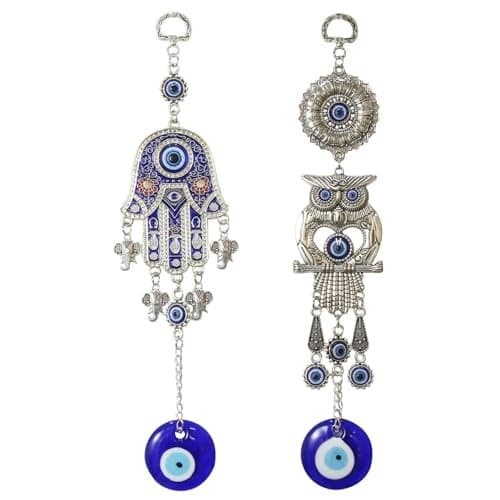 TIED RIBBONS Metal 2 Pcs Vastu Feng Shui Blue Evil Eye Hanging for Home Entrance Car Wall Main Door Office Pendant Ornament Amulet for Protection and Good Luck Decorative Gift Items (10 inch)