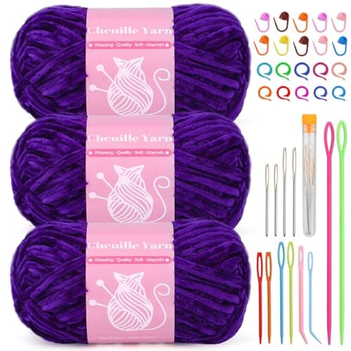 LUNARM Chenille Velvet Yarn for Crocheting Knitting 3 Pack of 100g35oz Velvet Yarn for Crocheting Knitting 486 Yard Soft Yarn for Making Creations Crochet More Purple