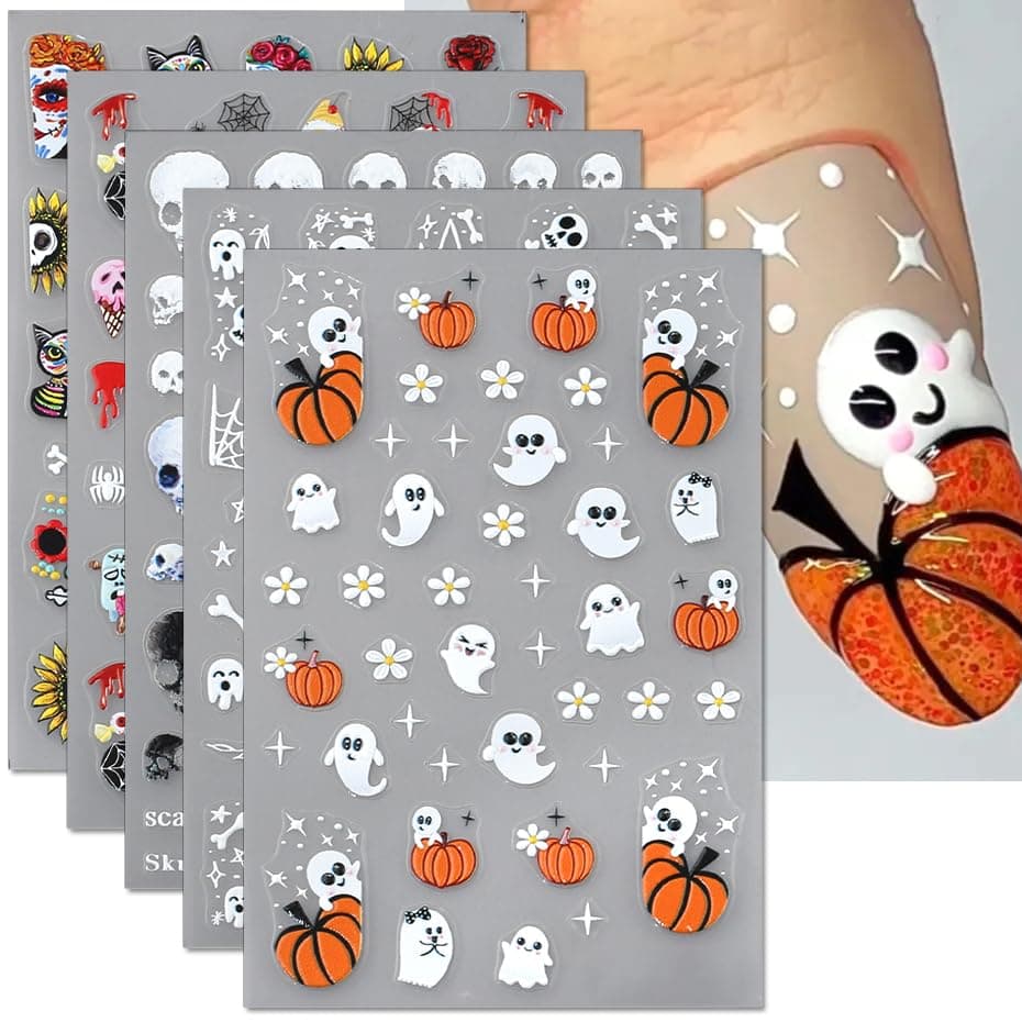 6 Sheets Cartoon Ghost Pumpkin Halloween Nail Stickers for Women Halloween Nail Decals Spider Web Skull Sticker Nails Self Adhesive 5D Embossed Holiday Nail Art Stickers DIY Manicure Decor