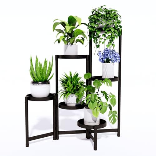 6Tier Metal Plant Stand Indoor Outdoor Corner Tall Plant Shelf for Multiple Plants Foldable Heavy Duty Plant Holder Decoration flower Stand for House Living Room Balcony Garden Patio Black