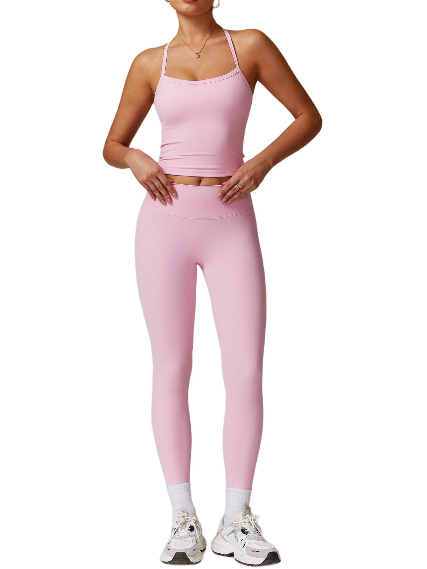 ABOCIW Womens Workout Sets Two Piece Padded Sports Bra Cross Back Tank Top High Waist Leggings Gym Sets Work Out Clothes Pink X-Small