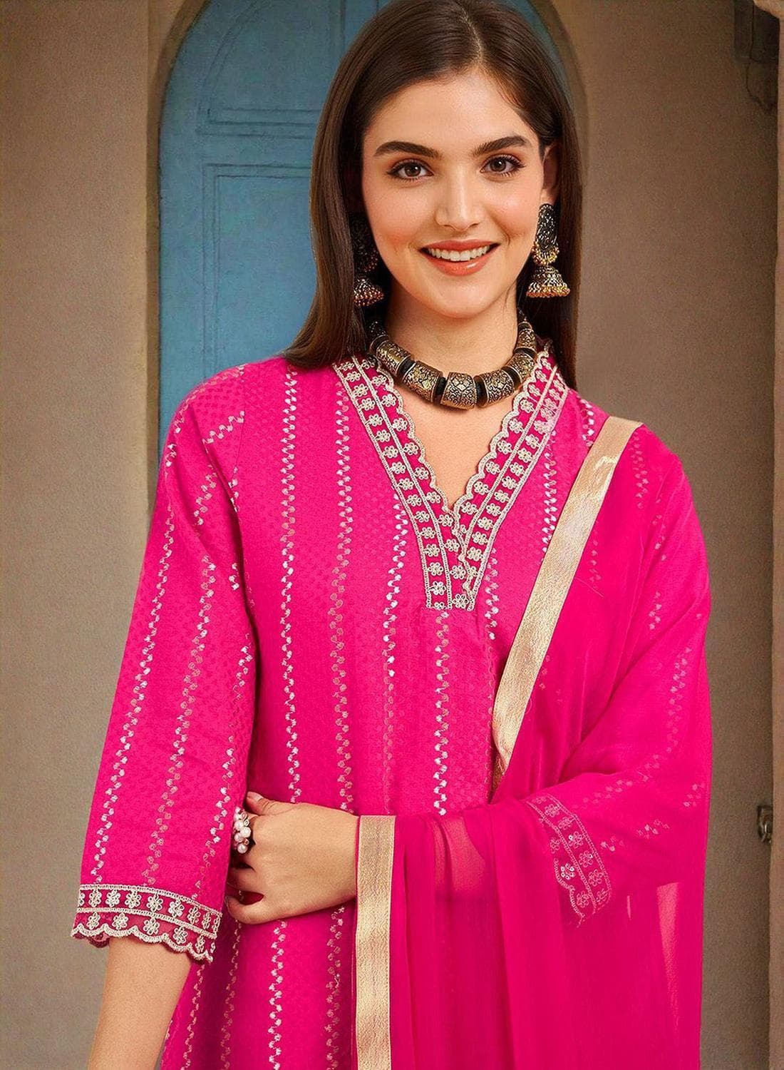 Women's Pink 100% Cotton Printed Tunic Full Length Casual Straight Fit Kurta Set