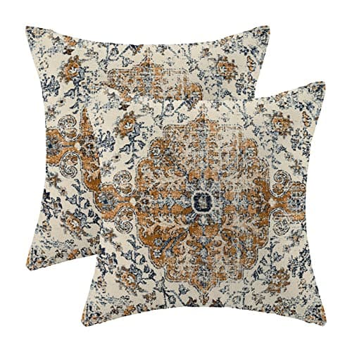 Boho Pillow Covers 18x18 Set of 2, Blue Gold Carpet Pattern Decorative Throw Pillows Linen Ethnic Design Farmhouse Cushion Pillow Covers for Sofa Couch Outdoor Decor