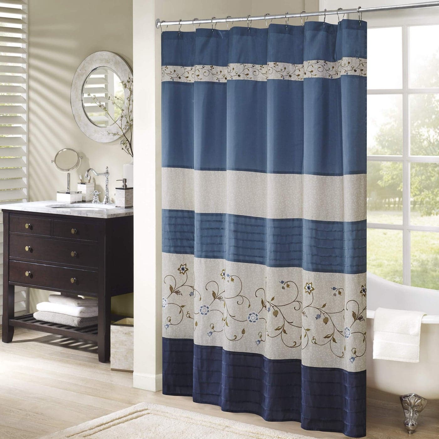 Madison Park Serene Shower Curtain Faux Silk Embroidered Floral Machine Washable Modern Home Bathroom Decorations 72 x 72 in Navy