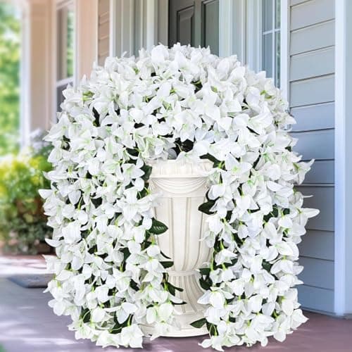 Garden Art Artificial Pack of 1 Bougainvillea Flowers Hanging Without Pot,Realistic Faux Silk Hanging Plants for Outdoor Porch Patio Balcony Decoration GAAHB-8SH4LH-64W (White)