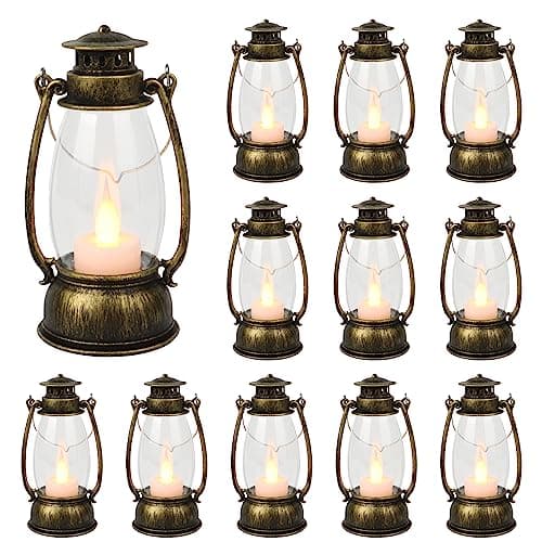 Reperla 12Pcs Mini Lantern for Halloween Decor, 6Inch Small Lanterns for Western Garden Camping Party Decorations, Vintage Candleholders Table Centerpiece, Forest Christmas Wedding Decorations (Brass)