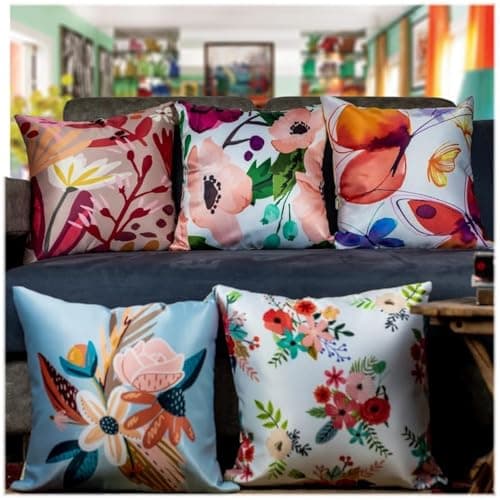 Vendola Decorative Satin 250TC Sofa Cushion Pillow Covers, Multicolor, Set of 5 Floral Cushion Covers(Blossom,16x16 Inches with Fillers)