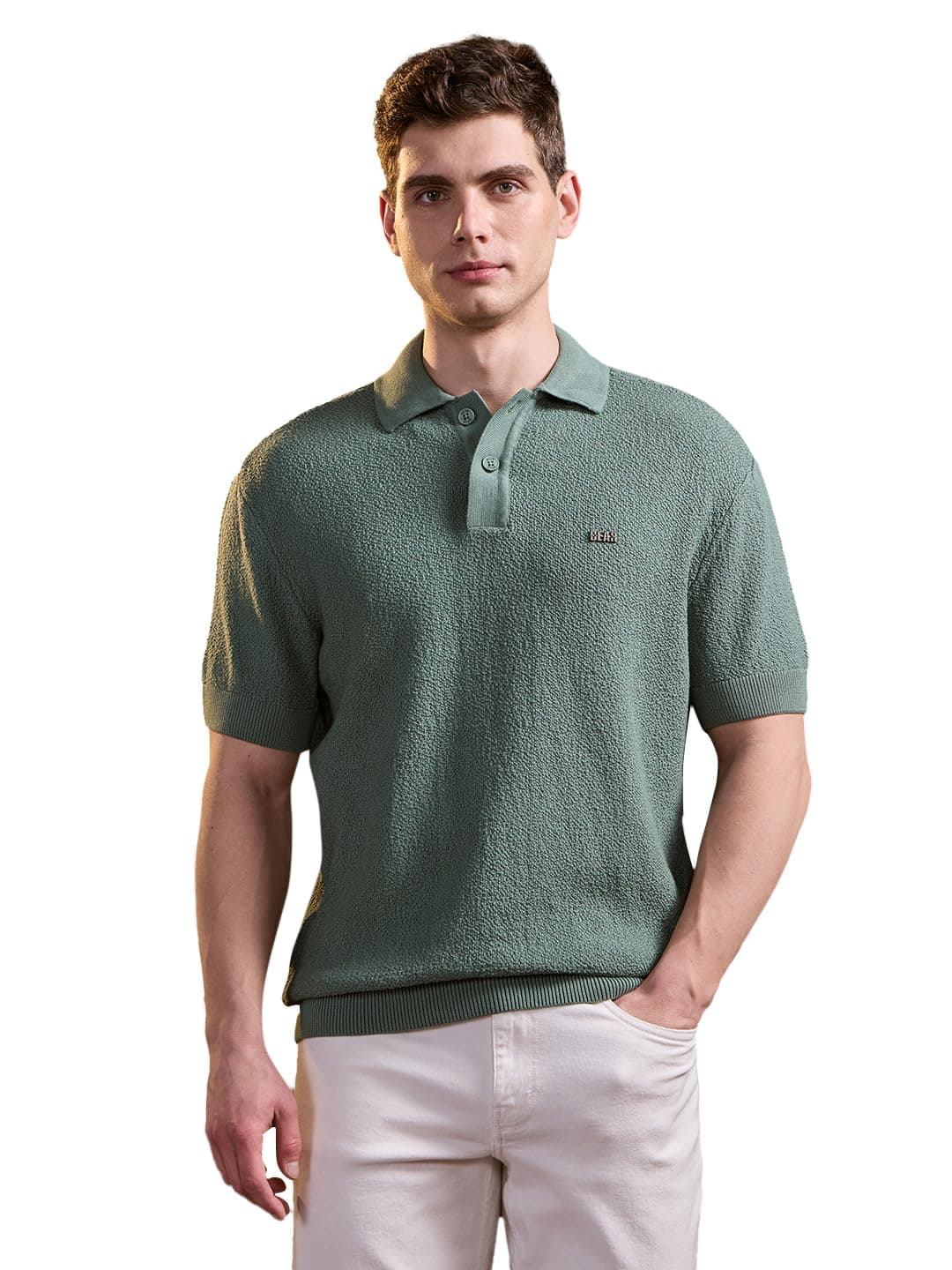 THE BEAR HOUSE Men's Green Pure Cotton Textured Knit Polo