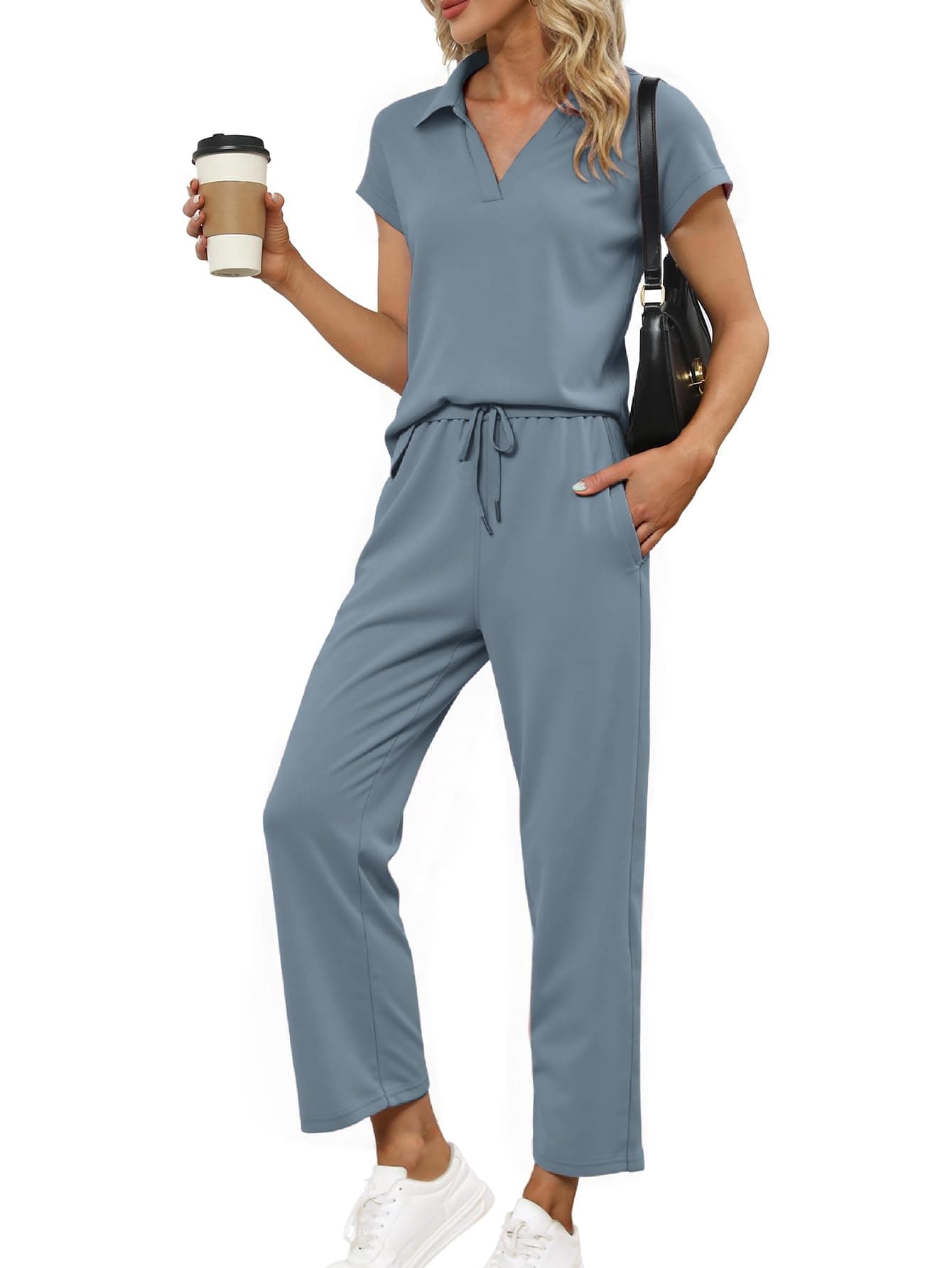 Glamaker Women Two Piece Loose Fit Outfit Summer Comfy Casual Short Sleeve Top Wide Leg Pants Set Travel Vacation OutfitGrey BlueMedium