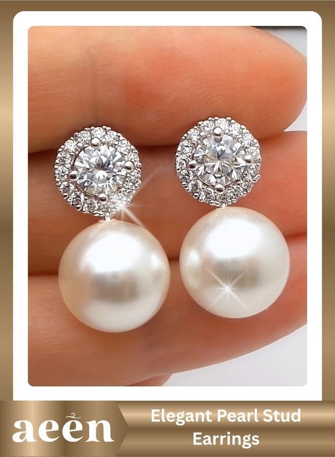 Elegant Imitation Pearl Stud Earrings for Women – Sparkling Crystal Design, Silver Alloy Jewelry for Party, Office & Daily Wear
