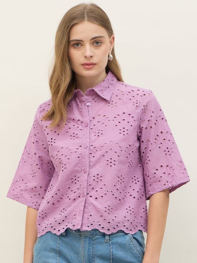 Schiffli Short Sleeve Shirt With Scallop Hem