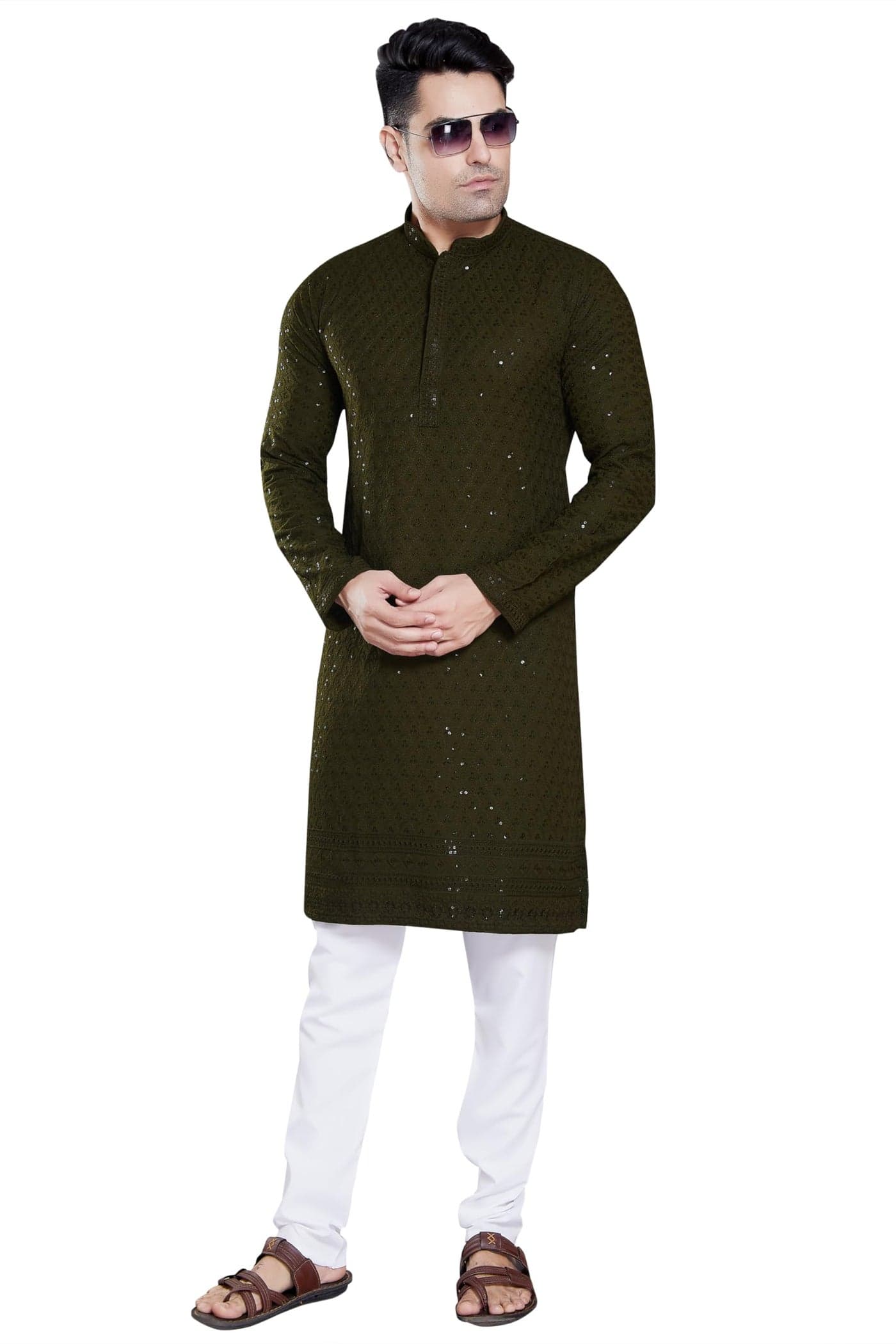 DIVISIVE Men's Sequince Embroidered Cotton Blend Slim Fit Kurta Pyjama Set (DKRT150_L_Mehendi Green)