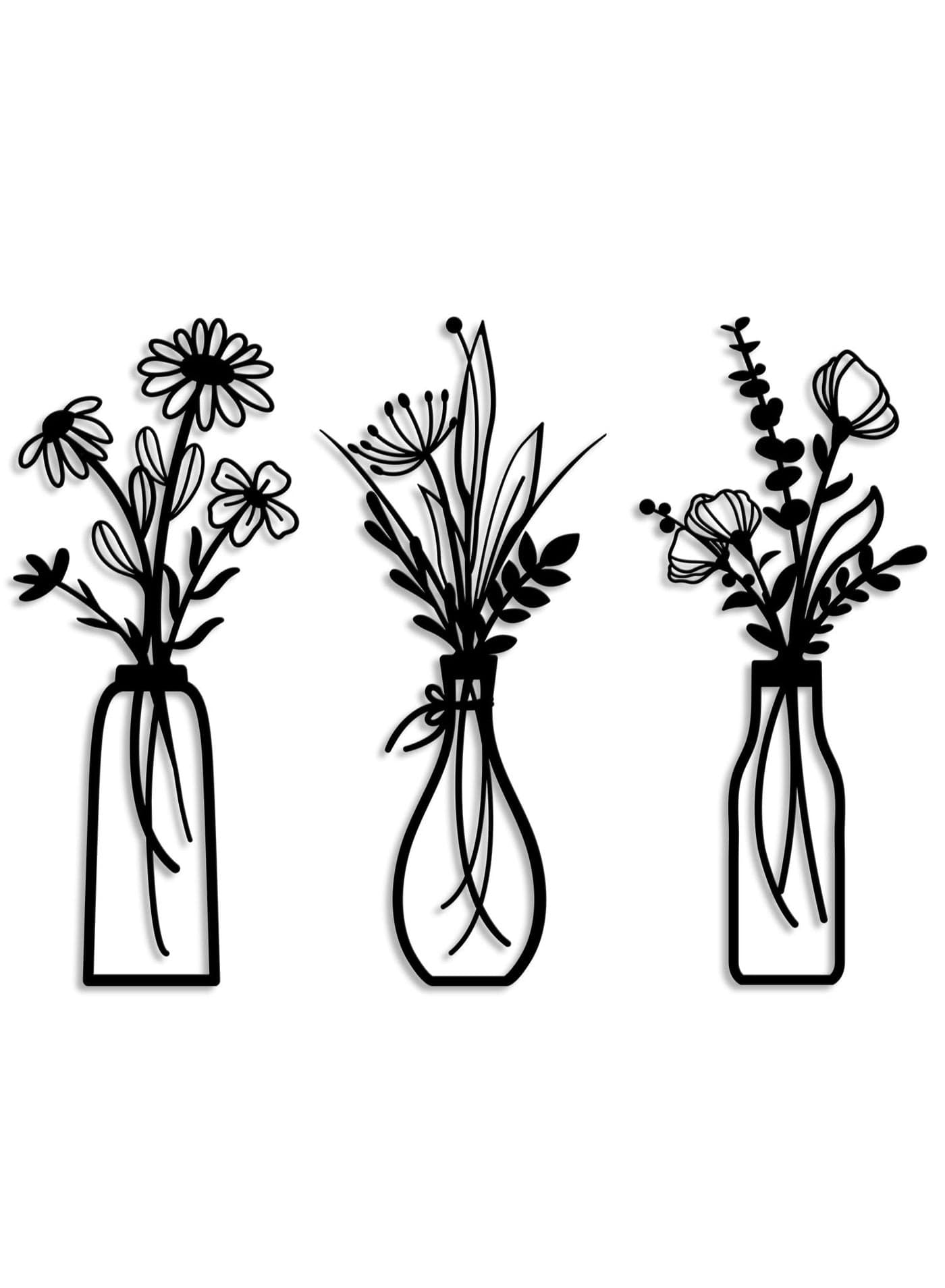 3PCS Metal Flower Wall Decor, Floral Wall Art, Vase Wall Hanging Decor, Rustic Farmhouse Decor Minimalist Flower Wall Decor, For Living Room, Bathroom, Bedroom, Dining Room, Housewarming Gift, Black, 6x13.7inch