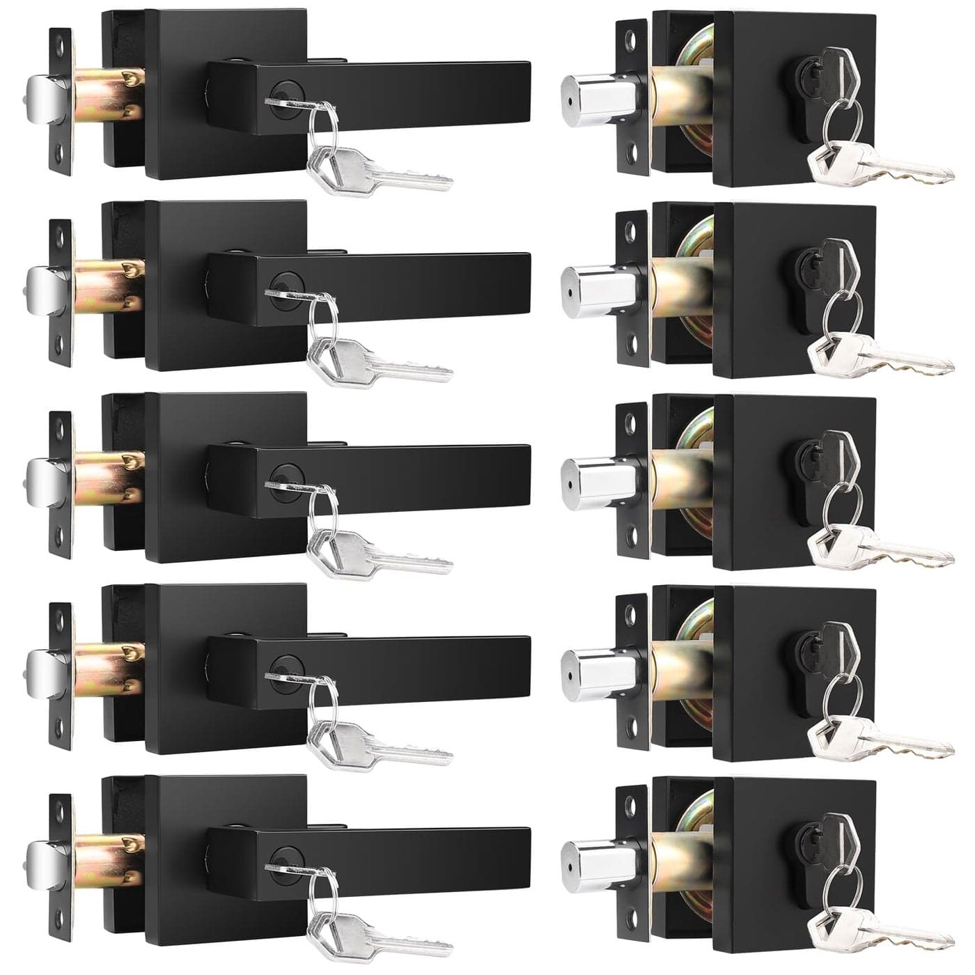 KNOBWELL 5 Pack Matte Black Heavy Duty Entrance Lever Door Handle with Matching Square Deadbolt for Office and Front Door Keyed Alike Reversible for Right and Left Side