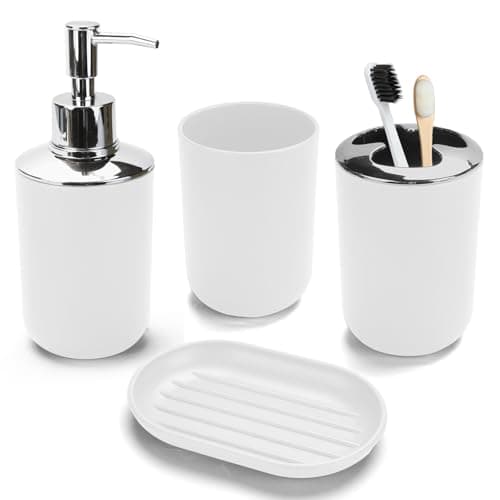 4 Pcs White Bathroom Accessories Set,Bohemian Bathroom Toothbrush Holder Set.Include Soap Dispenser, Soap Dish, Toothbrush Holder, Mouthwash Cup, Modern Bahtroom Decor Set