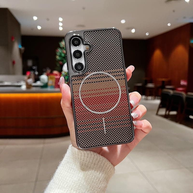 LuxuryKase Carbon Fiber Magnetic Case for Samsung Galaxy S24 | Compatible with MagSafe | Slim Shockproof Protective Cover | Precise Cutouts & Anti-Scratch | Wireless Charging Support - Orange
