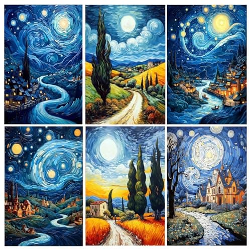 Leatrice 6PCS Van Gogh Landscape Diamond Art Kits for Adults Round Diamond Painting Dot Gem Art Painting Kit for Adults Beginners Women Suitable for Home Wall Art Decor 118x157 Inches