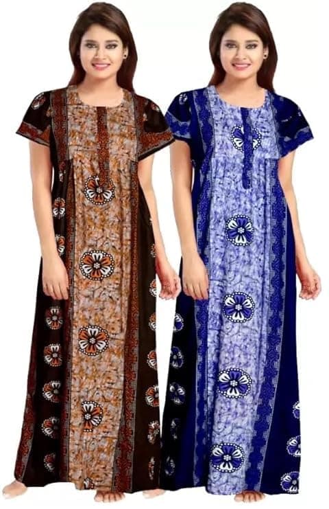 KBNBJ Women's Cotton Printed Maxi Nighty (Pack of 2) (Free Size, Brown&Blue)