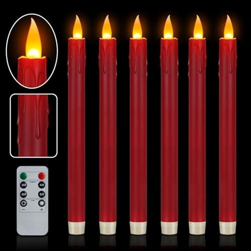 wemarry 6 Pcs Burgundy Flameless Taper Candles with Remote 10 White Battery Operated Led Candlesticks with Flickering 3D Flame Fake Taper Candles for Halloween Anniversaries Dinner Home Dcor