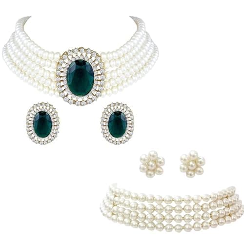 I Jewels Gold Plated Traditional Stone Studded Pearl Choker Necklace Jewellery Set For Women/Girls (ML316) (White-Green)