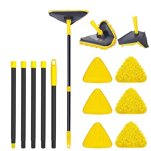 Newly Upgraded Wall Mop with 82 Inches Long Handle, 180° Folding Wall Cleaner Triangle Mop with Squeegee, 3-in-1 Ceiling Cleaning Tool with 6 Replacement Pads for Wall, Baseboards, Ceiling, Floor
