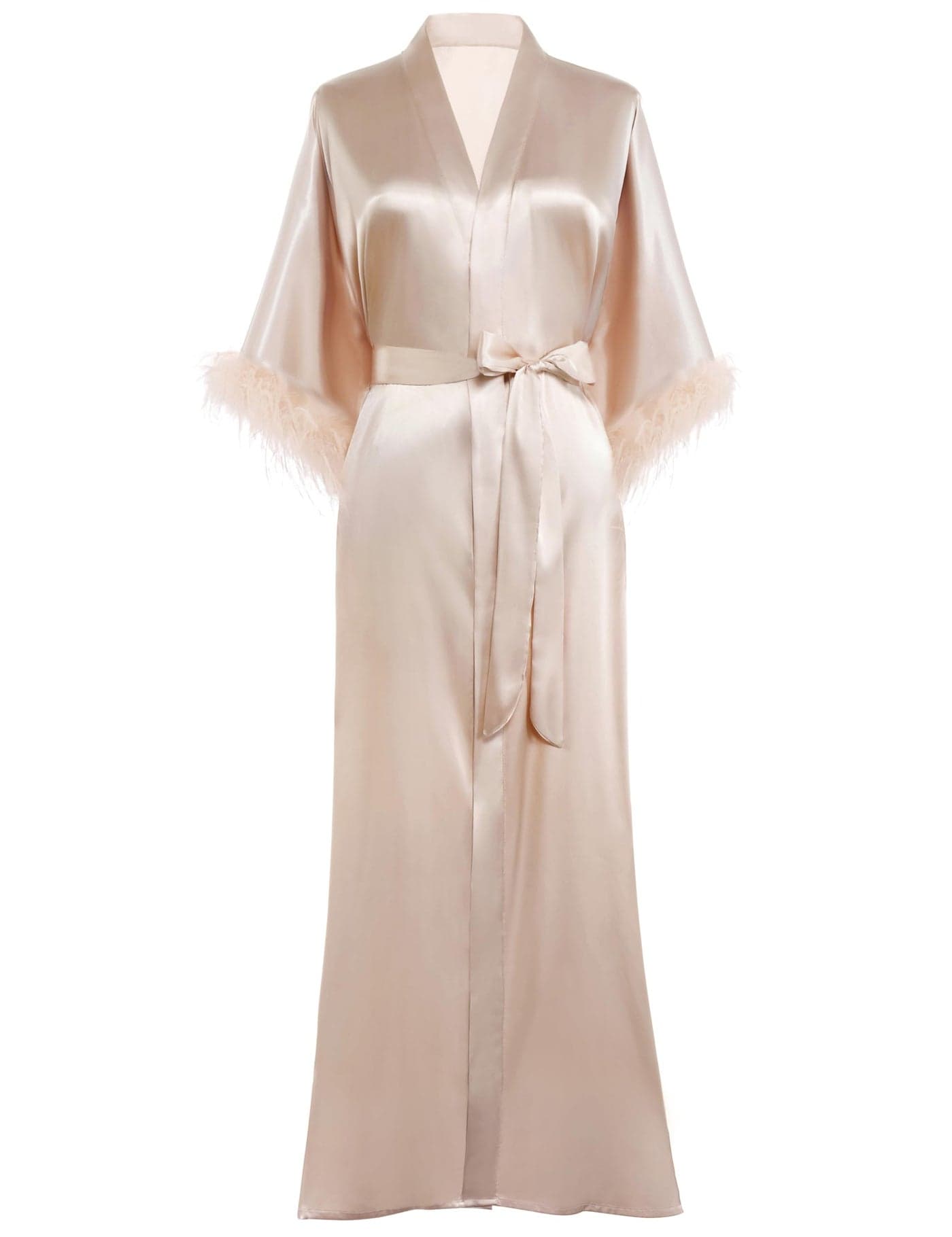 PRODESIGN Satin Kimono Robe Long Silky Bath Robe with Ostrich Feather Trim Sleepwear Wedding Bridesmaid Robe