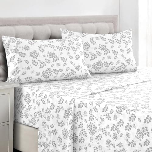 LUX Dcor Floral King Sheet Set 4 Piece UltraSoft Microfiber Bed Sheets with Flat Sheet 16 Inches Deep Pocket Fitted Sheet Pillowcases Breathable Bedroom Decor OekoTEX White Grey