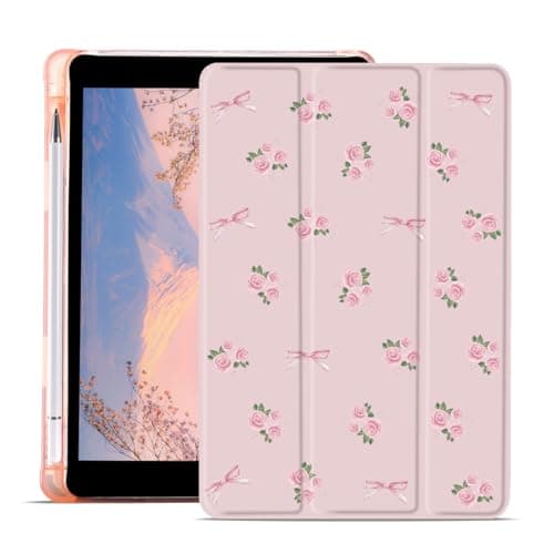 JOYLAND Cute Flower Bowknot Case for iPad 9th7th8th Generation 202120202019 102 Inch with Pencil Holder Aesthetic Floral Pink Girly Cover Auto WakeSleep Foldable Shockproof Case