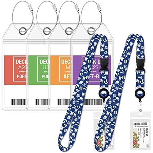 Carnival Cruise Luggage Tag Holders (4 Pack) & Lanyards (2 Pack), Large, Clear & Waterproof, Cruise Essentials 2025-2026 for Ship Cards & Baggage – Durable Travel Accessories (Blue)