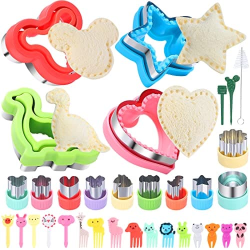 BakingWorld Sandwich Cutter and Sealer Set,14 Pcs Sandwich Maker Bread Cutters DIY Cookie Cutters Fruit Vegetable Cutter Shapes for Kids Boys & Girls Bento Lunch Box with 16 pcs Animal Food Picks