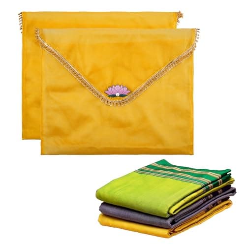 Kuber Industries 2 Pcs Double Layer Organza Saree Covers for Gifting with Flower Flap Closure | Wedding Saree Cover | Single Saree/Suit Packing Shagun Cloth Cover | Golden Lace - Yellow