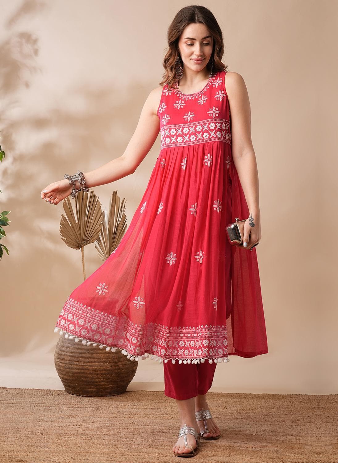 Globus Women Red Floral Embroidered A Line Kurta Set With Pants