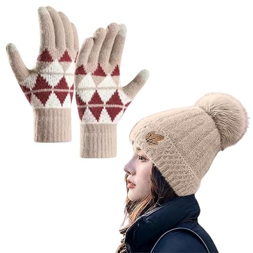 Tomorrow winter beanie & gloves set for women, Winter Woolen Warm Beanie (Soft Fur Inside) and Touch Screen Gloves Set for Women Girl's Snow Proof, Windproof Warm Winter Beanie caps (CAMEL, FREE)