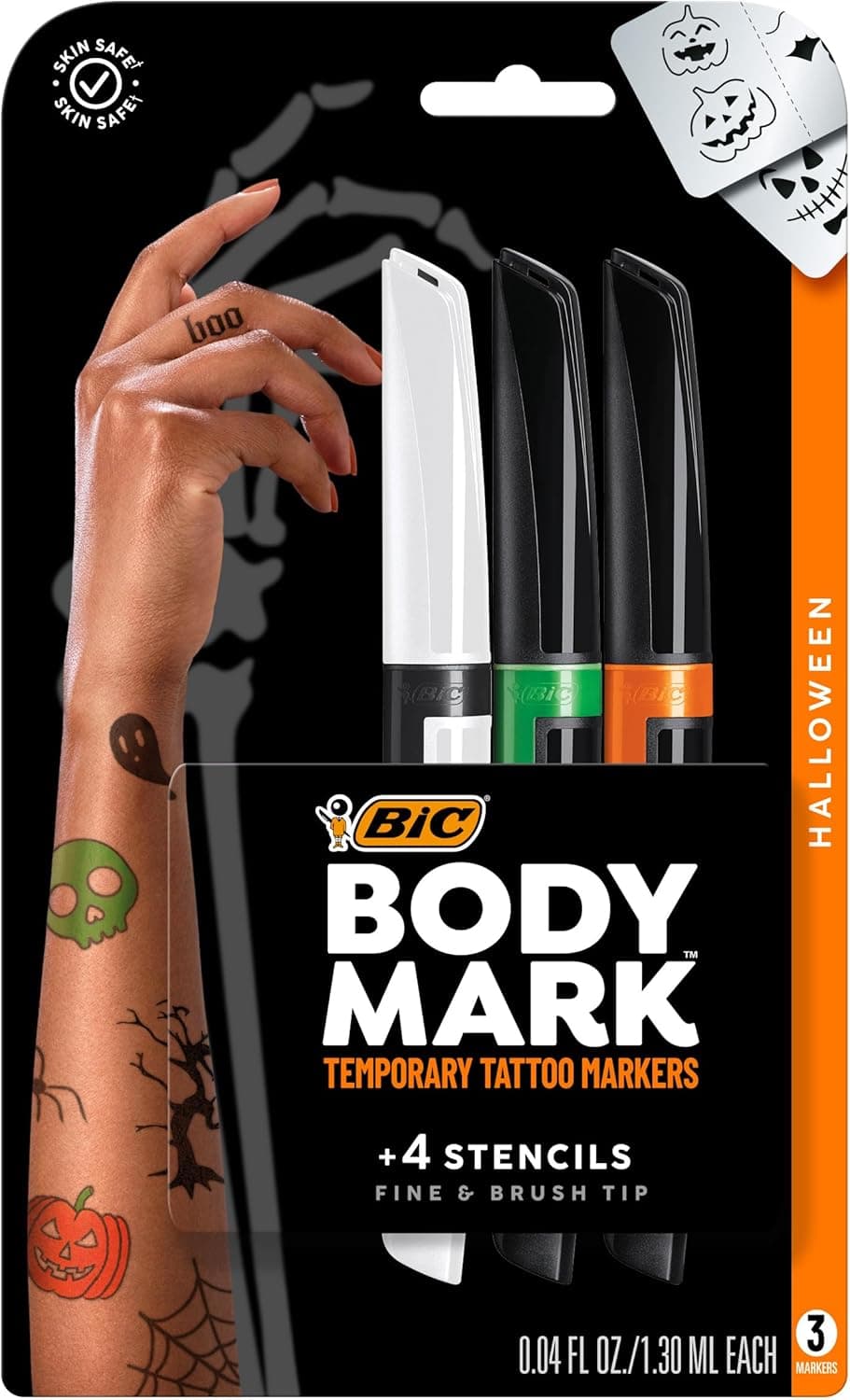 BIC BodyMark Halloween Pack - Deluxe Body Markers, Premium Temporary Tattoo Markers for Skin, DIY Halloween Costume Long Lasting Temporary Tattoos, Custom Tattoo Kit with 3ct Markers & 4ct Spooky Stencils