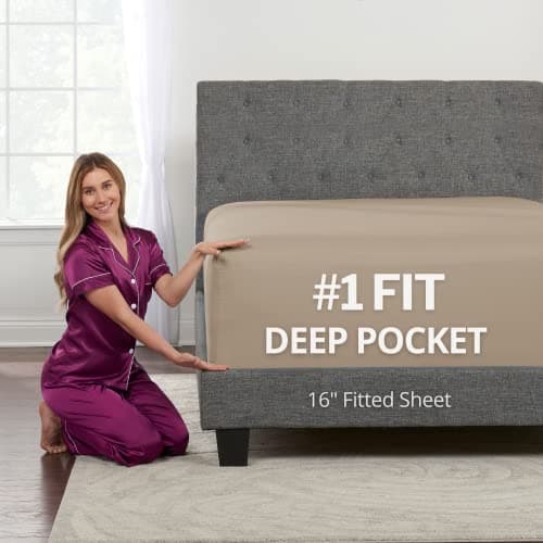 California King Fitted Sheet Deep Pocket – Real 16” Cal King Fitted Sheet Fit Perfectly 14”–18” Deep Mattress & Toppers – Cal King Sheets Deep Pocket Fitted 1 Piece Bottom Fitted Bed Sheets Taupe Sand