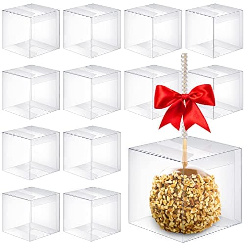 Juexica 100 Pcs Candy Apple Boxes with Hole 4 x 4 x 4 inch Caramel Apple Container Treat Gift Boxes for Wedding Harvest Party Christmas Chocolates Cookies Cake Pops Clear