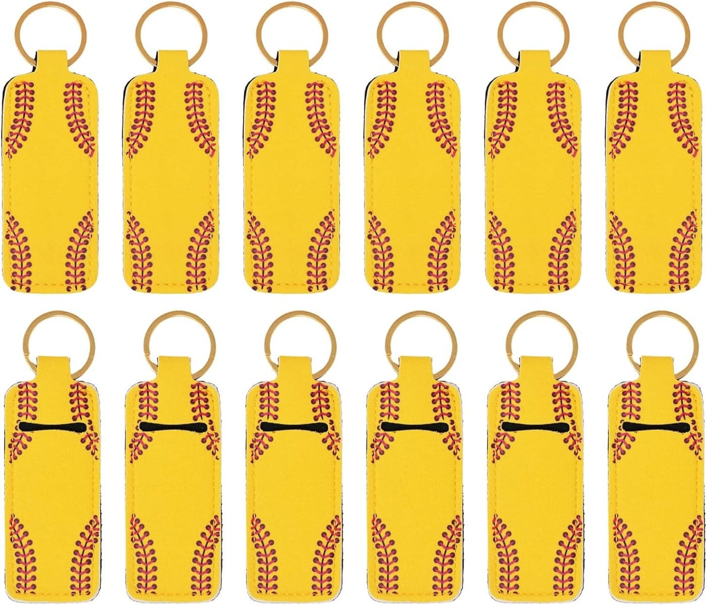 Honbay 12PCS Softball Pattern Chapstick Holder Keychain Lip Balm Holder Lipgloss Holder Lipstick Holder Clip-on Sleeve Pouch for Travle or Daily Outing for Women and Girls Handbags Backpacks, Yellow