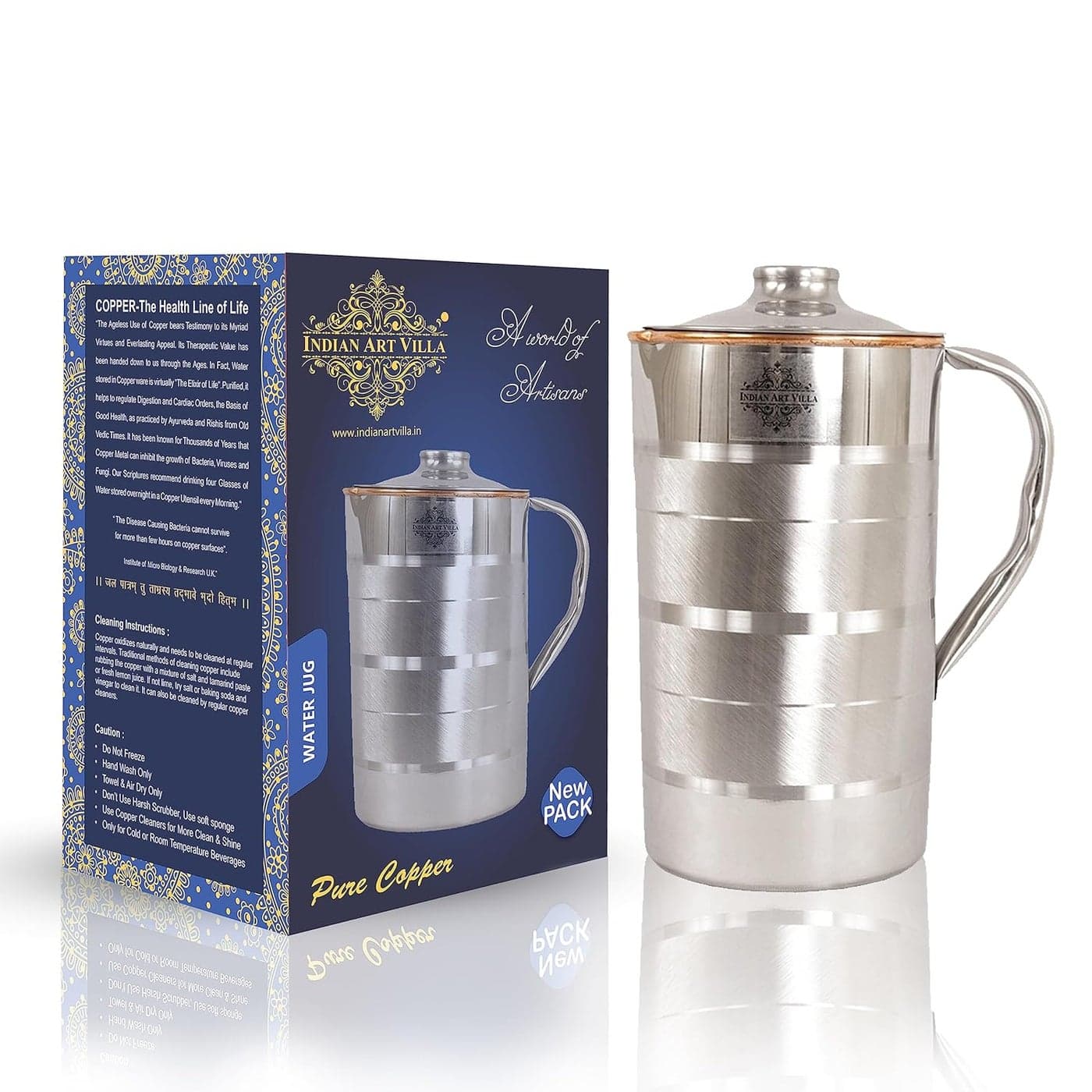Indian Art Villa Steel Copper Luxury Design Jug Pitcher Storage Serving Water Beneficial for Health Volume 1500 ML