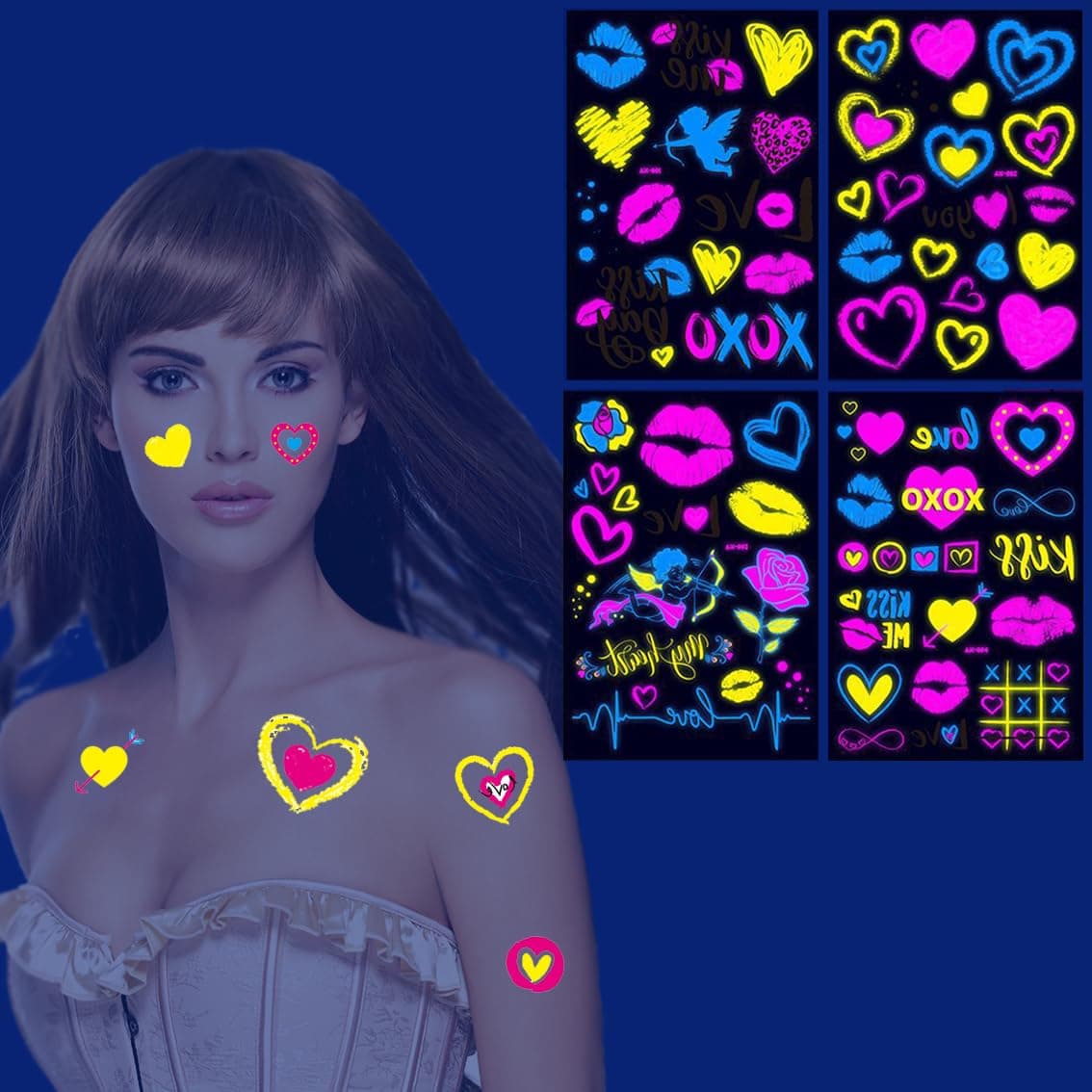 Glow In The Dark Heart Temporary TattoosLuminous Neon Valentines Day Temporary Tattoos Bride Wedding Valentine Heart Music Rave Festival Tattoos Stickers For Women Men AdultsNeon Heart