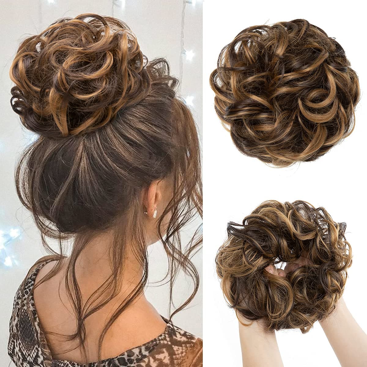 CJL HAIR Large Messy Bun Hair Piece Wavy Curly Scrunchies Synthetic Chignon Ponytail Hair Extensions Thick Updo Hairpieces for Women Dark BrownGolden Blonde