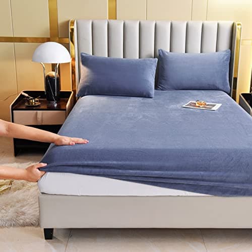 Velvet Fitted Sheet Queen Size,Fleece Plush Bed Sheet Mattress Protector Cover with 15'' Deep Pocket Warm Fuzzy Bottom Sheet (Not Include Pillowcases),Blue