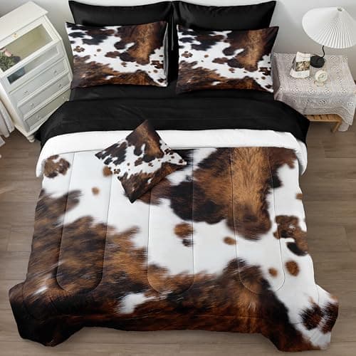 Bedbay Cow Print Comforter Set King Size Animal Skin Bedding 8 Pcs King Bed in a Bag Western Cowhide Rustic Bedding Brown Milk Cow Print Bed Set for All Seasons(Brown,King)