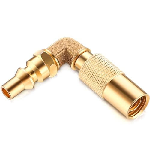 Zhengmy 1/4 Inch Rv Quick Connect Adapter Elbow Fitting Compatible with Blackstone 17 and 22 Inch Tabletop Propane Grill, 90 Degree Solid Brass Low Pressure Gas Conversion Connector for Travel Trailer